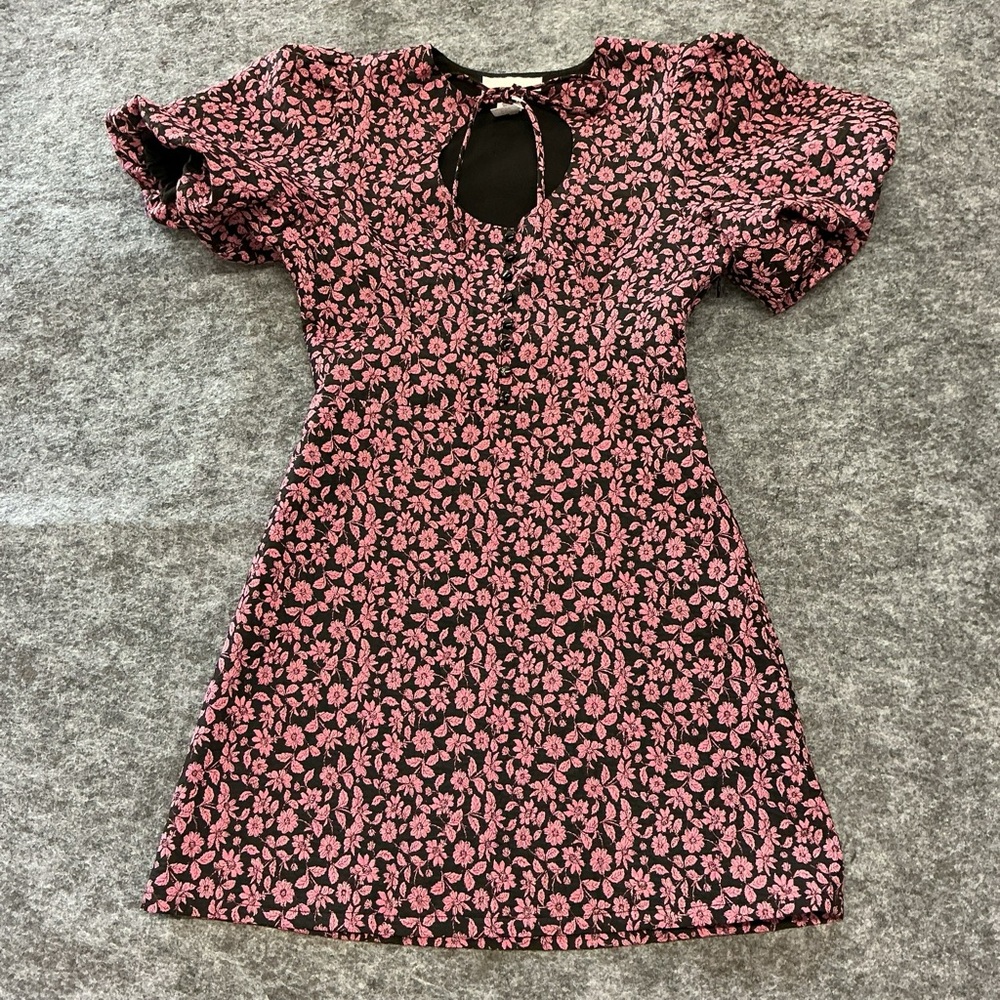 Corey Lynn Calter Tapestry Southern Floral Keyhole Puffed Sleeve Mini Dress